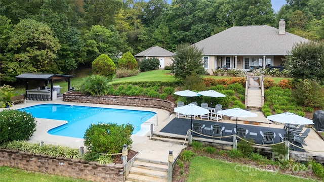 view of swimming pool with a patio