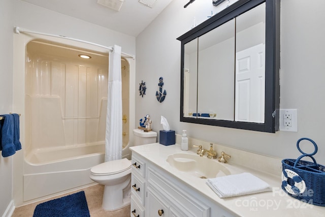 full bathroom with tile patterned flooring, vanity, toilet, and shower / bath combo with shower curtain