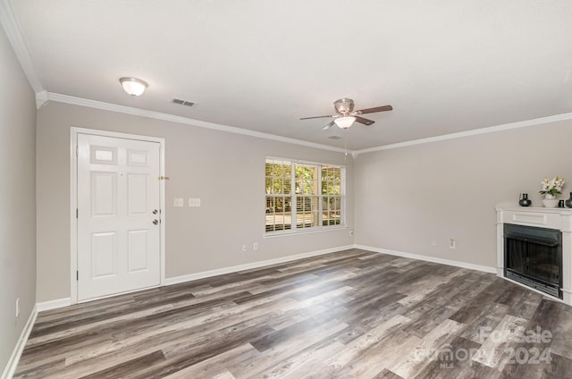 unfurnished living room with ornamental molding, hardwood / wood-style flooring, and ceiling fan