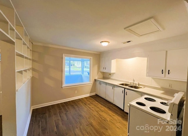 kitchen featuring dark wood-type flooring, white cabinets, white electric range, ornamental molding, and sink