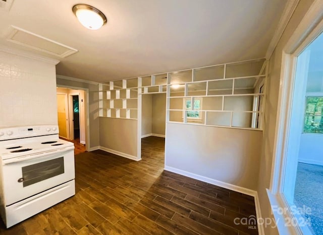 kitchen with ornamental molding, dark hardwood / wood-style floors, and white range with electric stovetop