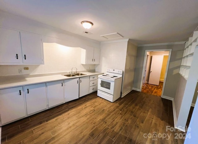 kitchen featuring dark hardwood / wood-style floors, sink, white cabinets, white electric stove, and crown molding