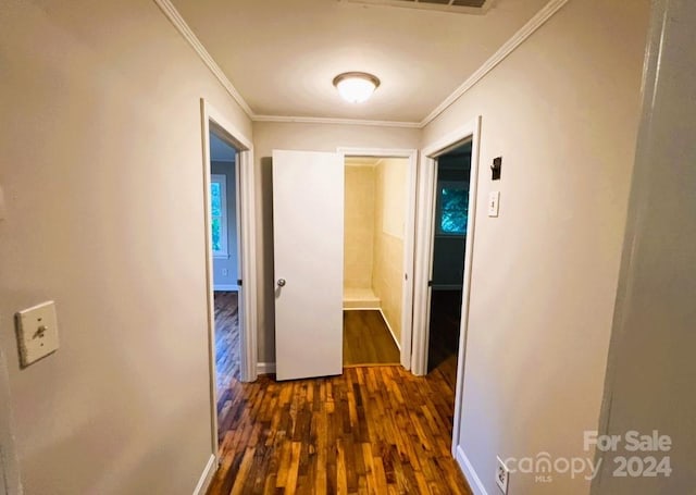 hallway featuring ornamental molding and dark hardwood / wood-style flooring