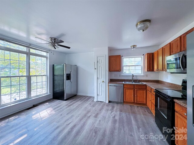 kitchen with ceiling fan, stainless steel appliances, sink, and light hardwood / wood-style flooring