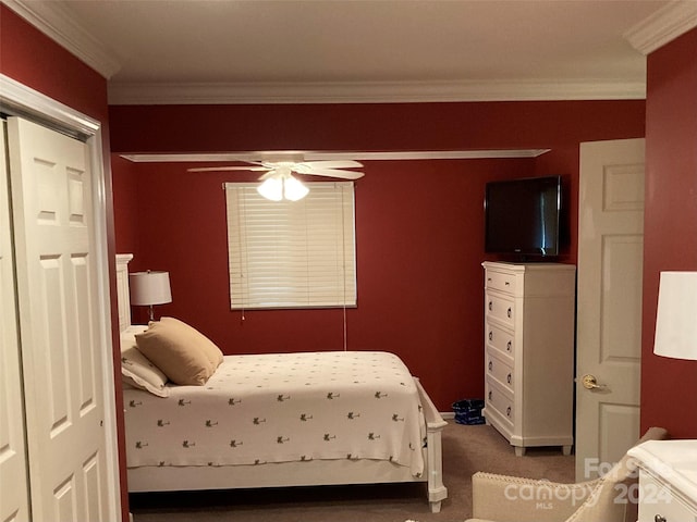 carpeted bedroom featuring ceiling fan, a closet, and ornamental molding