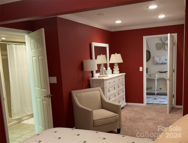 carpeted bedroom with ornamental molding