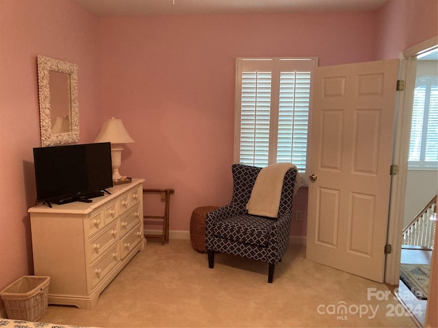 sitting room featuring light carpet