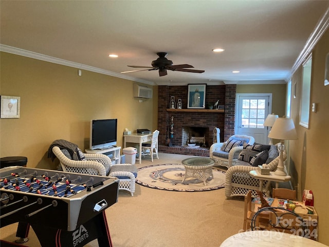 carpeted living room featuring ornamental molding, ceiling fan, a fireplace, and a wall mounted AC