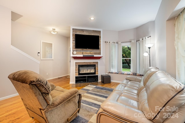 living room with a large fireplace and light hardwood / wood-style flooring