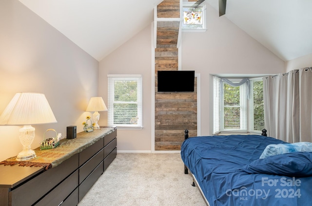 carpeted bedroom with high vaulted ceiling