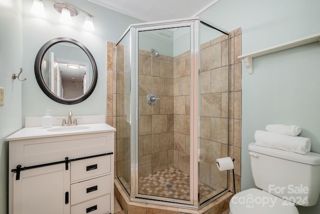 bathroom with vanity, toilet, and an enclosed shower