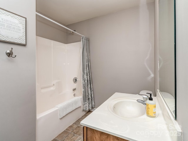 bathroom featuring vanity and shower / bath combo with shower curtain