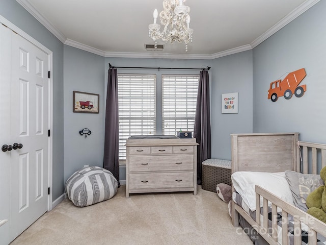 bedroom with light colored carpet, ornamental molding, and a chandelier