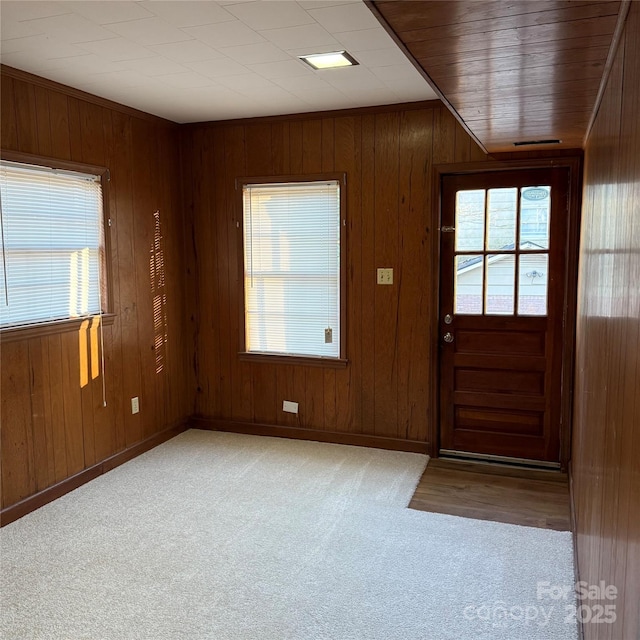 foyer entrance featuring light carpet, a wealth of natural light, and wooden walls