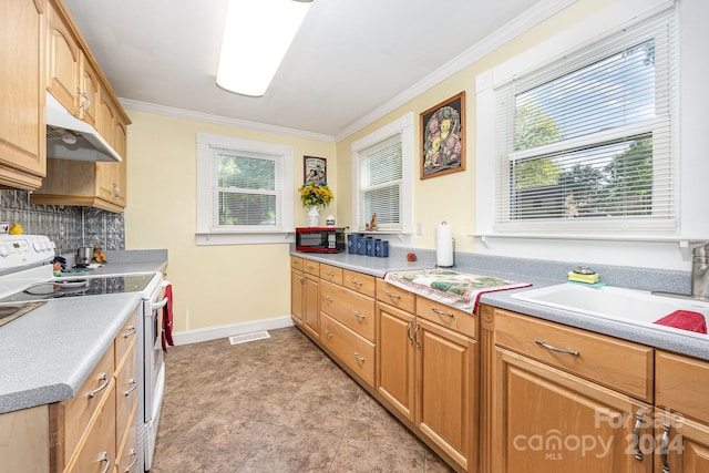 kitchen with electric range, light tile patterned flooring, sink, backsplash, and crown molding