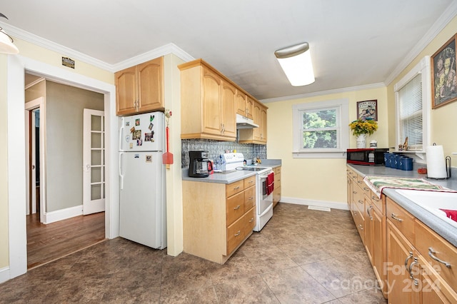 kitchen featuring decorative backsplash, white appliances, tile patterned flooring, and crown molding