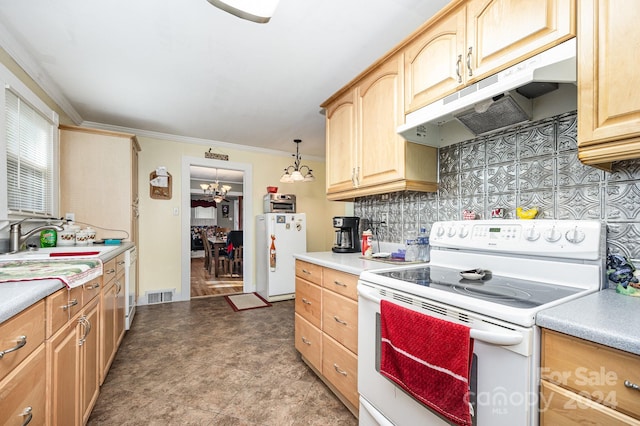 kitchen featuring decorative backsplash, white appliances, pendant lighting, ornamental molding, and sink