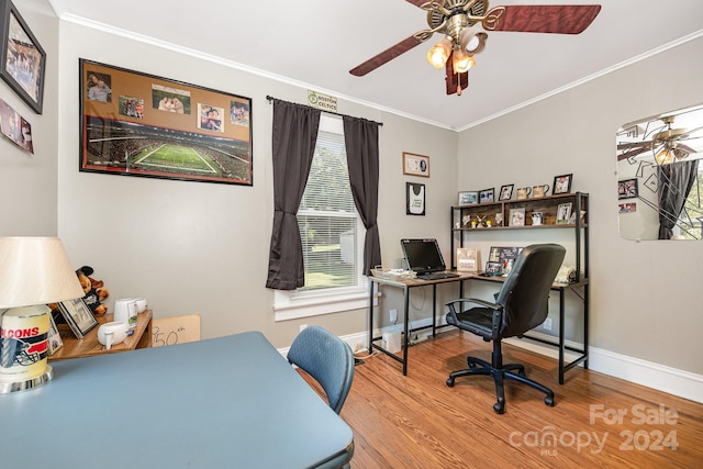 office featuring crown molding, hardwood / wood-style floors, and ceiling fan