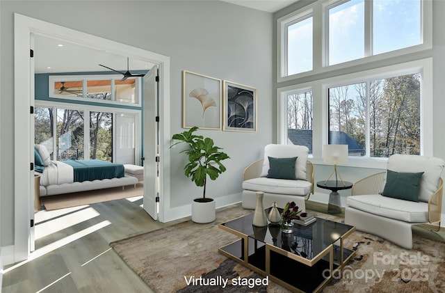 living room featuring ceiling fan and wood-type flooring