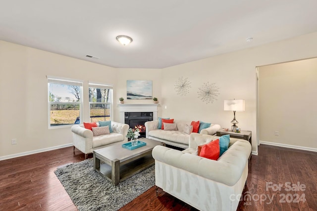 living room featuring dark wood-type flooring