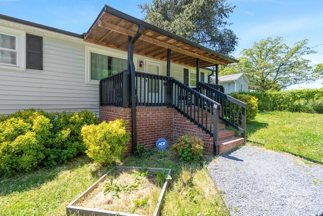 view of exterior entry with a lawn and a porch