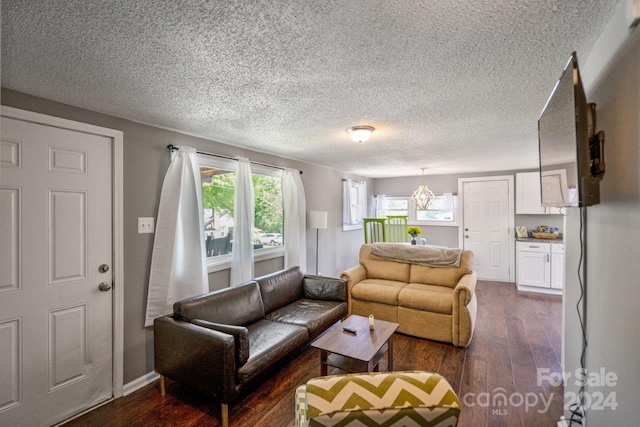 living room with a textured ceiling and dark wood-type flooring