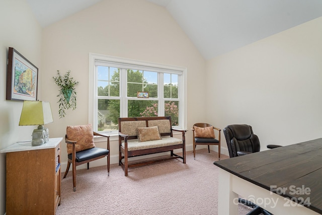 carpeted home office with high vaulted ceiling