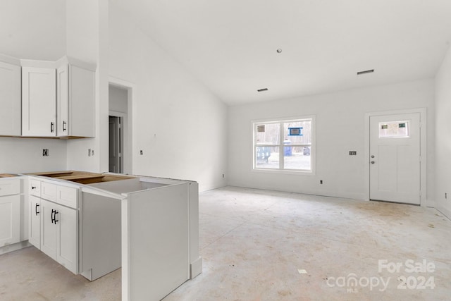 kitchen with white cabinetry and vaulted ceiling