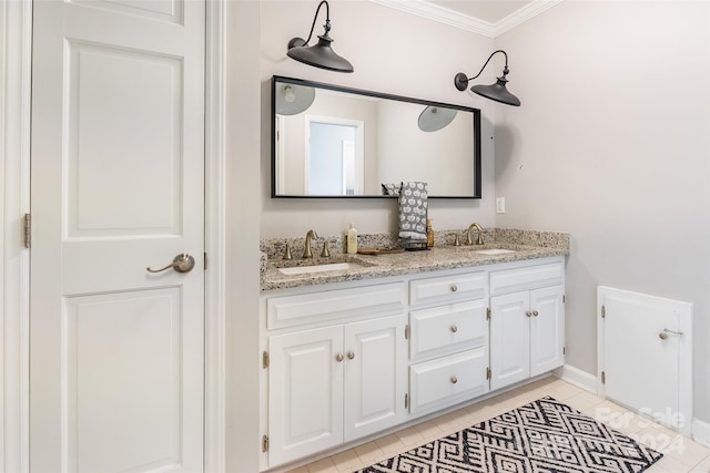 bathroom with vanity, tile patterned floors, and ornamental molding