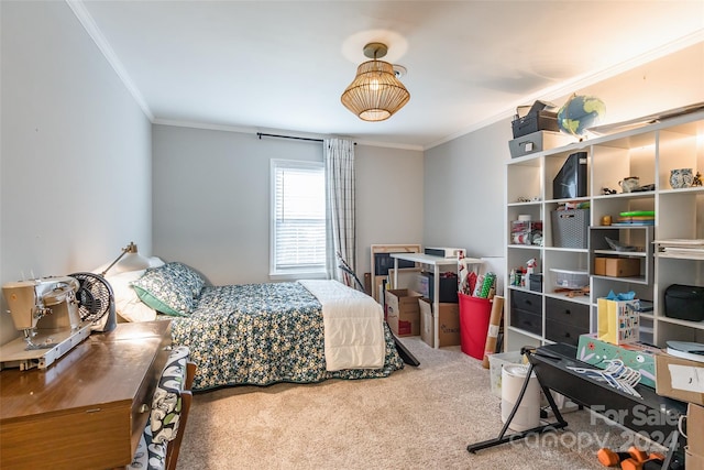 bedroom with ornamental molding and carpet