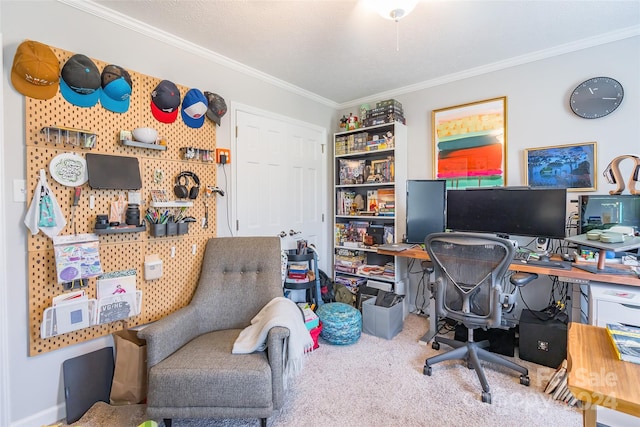 office area with carpet flooring and crown molding