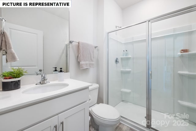 full bathroom featuring toilet, a shower stall, and vanity