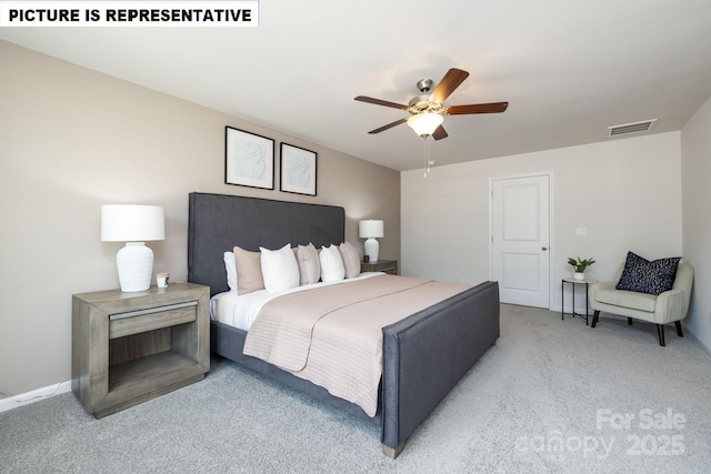 carpeted bedroom with ceiling fan, visible vents, and baseboards