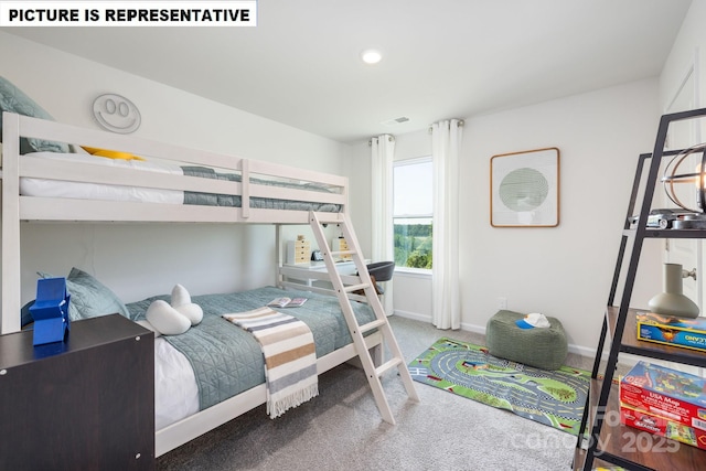 bedroom with carpet, visible vents, baseboards, and recessed lighting