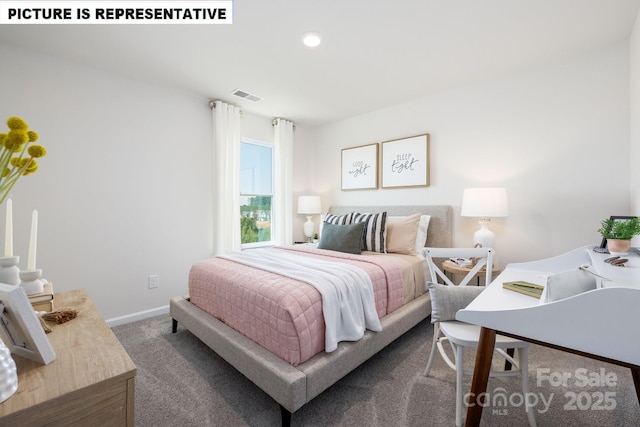 bedroom featuring baseboards, visible vents, carpet flooring, and recessed lighting