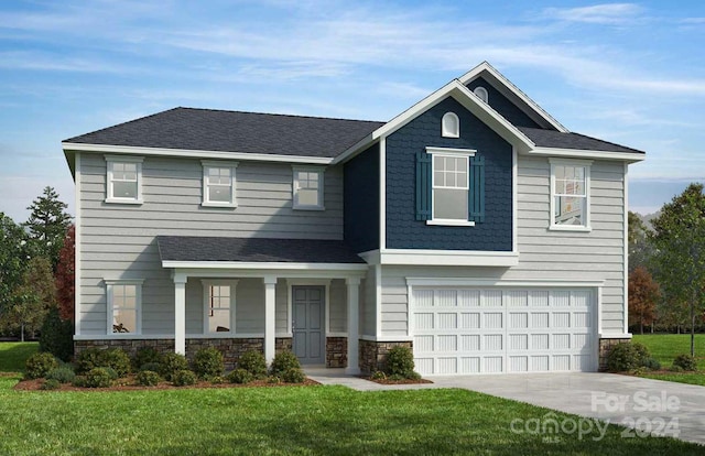 view of front facade with a garage and a front lawn