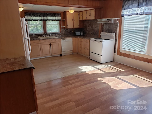 kitchen featuring sink, white appliances, light brown cabinetry, light hardwood / wood-style floors, and decorative backsplash