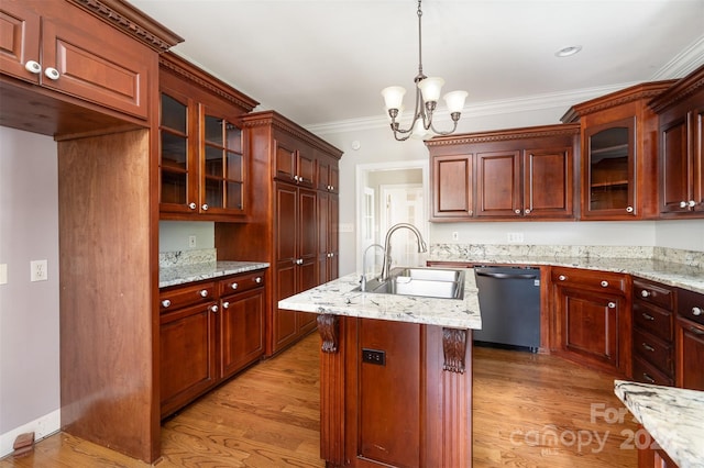 kitchen featuring hanging light fixtures, light hardwood / wood-style floors, dishwasher, crown molding, and sink