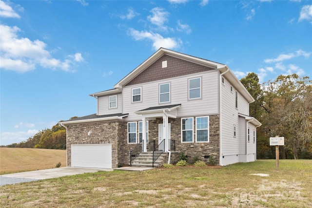1038 Heath Helms Rd, Monroe, NC 28110 - view of front facade featuring driveway, an attached garage, a front yard, stone siding, and crawl space