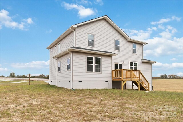 1038 Heath Helms Rd, Monroe, NC 28110 - rear view of property with crawl space, a wooden deck, stairway, and a lawn