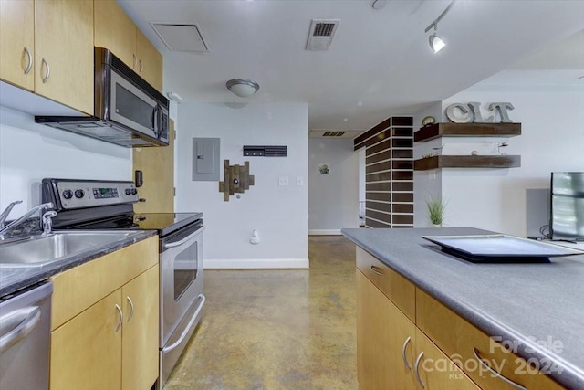 kitchen with electric panel, stainless steel appliances, and sink