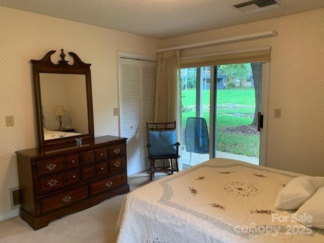 bedroom featuring a textured ceiling, a closet, carpet, and access to outside