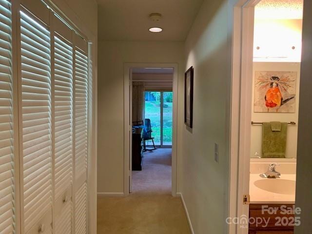 corridor featuring sink and carpet flooring