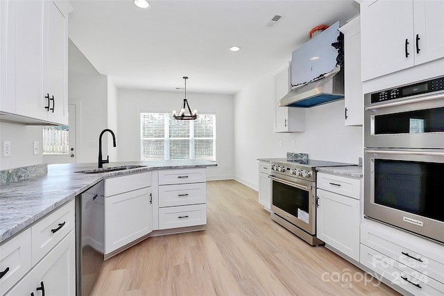 kitchen featuring sink, white cabinets, stainless steel appliances, and a notable chandelier