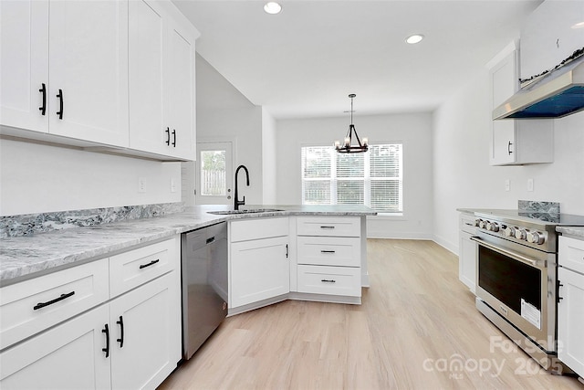 kitchen with under cabinet range hood, stainless steel appliances, a peninsula, a sink, and white cabinets