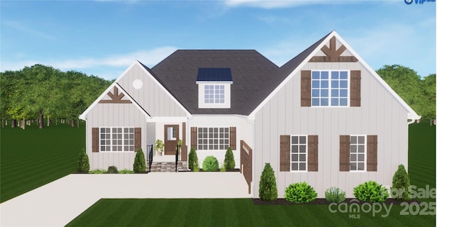 view of front facade featuring board and batten siding and a front yard