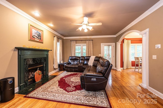 living room with a fireplace, a wealth of natural light, ceiling fan, and ornamental molding