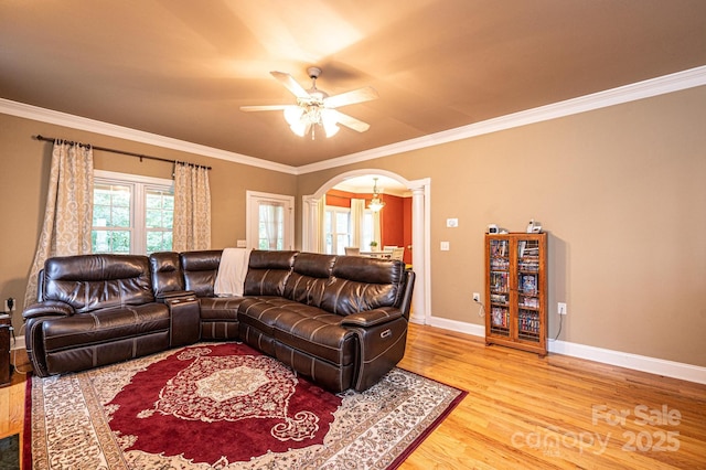 living room with hardwood / wood-style floors, ceiling fan, and ornamental molding