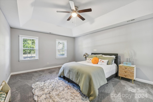 carpeted bedroom with a raised ceiling and ceiling fan