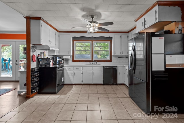 kitchen with sink, white cabinetry, backsplash, black appliances, and ceiling fan